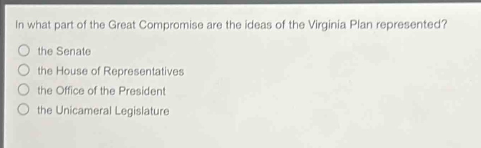 in what part of the great compromise are the ideas of the virginia plan represented?\no the senate\no the house of representatives\no the office of the president\no the unicameral legislature