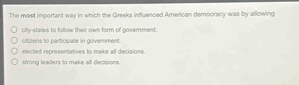 the most important way in which the greeks influenced american democracy was by allowing\ncity - states to follow their own form of government.\ncitizens to participate in government.\nelected representatives to make all decisions.\nstrong leaders to make all decisions.