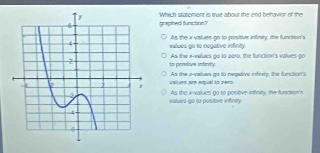 which statement is true about the end - behavior of the graphed function?\nas the x - values go to positive infinity, the functions values go to negative infinity.\nas the x - values go to zero, the functions values go to positive infinity.\nas the x - values go to negative infinity, the functions values are equal to zero.\nas the x - values go to positive infinity, the functions values go to positive infinity.
