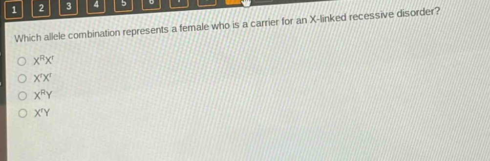 which allele combination represents a female who is a carrier for an x - linked recessive disorder?\n$x^{r}x^{r}$\n$x^{r}x^{r}$\n$x^{r}y$\n$x^{r}y$