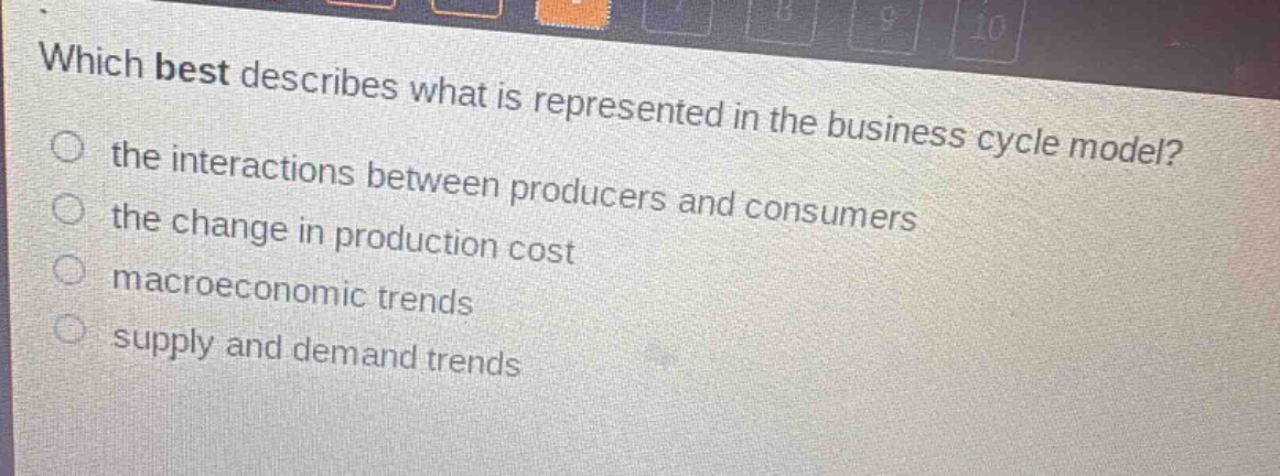 which best describes what is represented in the business cycle model?\n the interactions between producers and consumers\n the change in production cost\n macroeconomic trends\n supply and demand trends