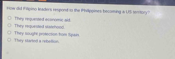 how did filipino leaders respond to the philippines becoming a us territory?\nthey requested economic aid.\nthey requested statehood.\nthey sought protection from spain.\nthey started a rebellion.
