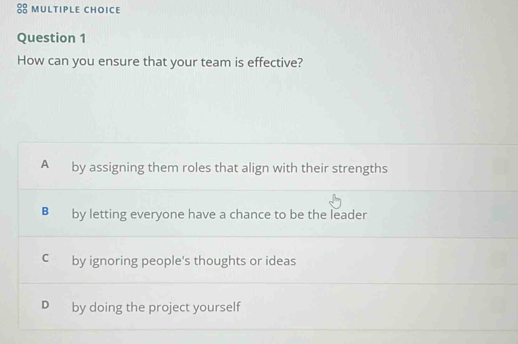 multiple choice\nquestion 1\nhow can you ensure that your team is effective?\na by assigning them roles that align with their strengths\nb by letting everyone have a chance to be the leader\nc by ignoring peoples thoughts or ideas\nd by doing the project yourself