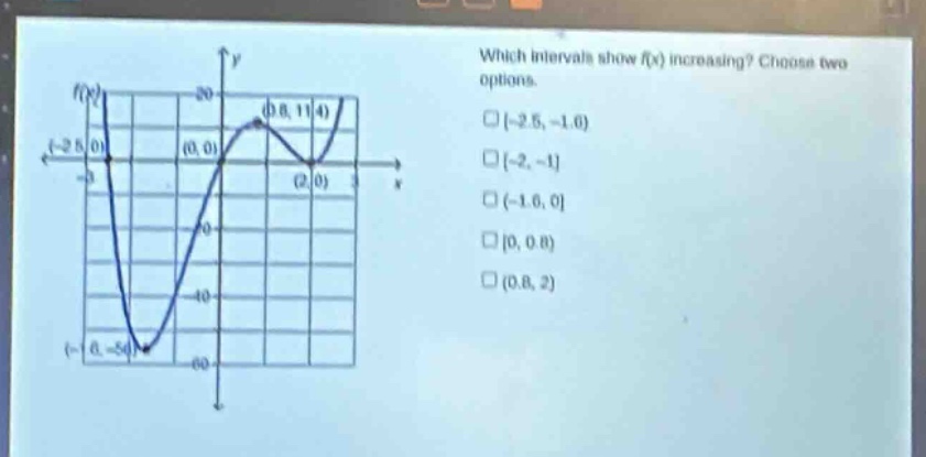 which intervals show f(x) increasing? choose two options.\n-2.5, -1.6)\n-2, -1\n(-1.6, 0\n0, 0.8)\n(0.8, 2)