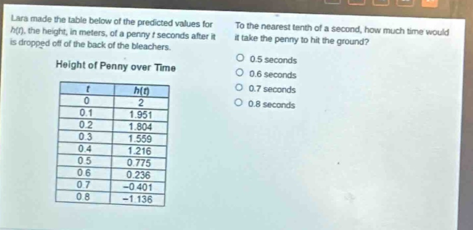 lara made the table below of the predicted values for h(t), the height, in meters, of a penny t seconds after it is dropped off of the back of the bleachers. to the nearest tenth of a second, how much time would it take the penny to hit the ground? height of penny over time\n| t | h(t) |\n|----|----| \n| 0 | 2 |\n| 0.1 | 1.951 |\n| 0.2 | 1.804 |\n| 0.3 | 1.559 |\n| 0.4 | 1.216 |\n| 0.5 | 0.775 |\n| 0.6 | 0.236 |\n| 0.7 | -0.401 |\n| 0.8 | -1.136 |\n0.5 seconds\n0.6 seconds\n0.7 seconds\n0.8 seconds