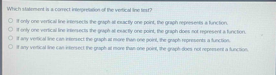 which statement is a correct interpretation of the vertical line test?\nif only one vertical line intersects the graph at exactly one point, the graph represents a function.\nif only one vertical line intersects the graph at exactly one point, the graph does not represent a function.\nif any vertical line can intersect the graph at more than one point, the graph represents a function.\nif any vertical line can intersect the graph at more than one point, the graph does not represent a function.