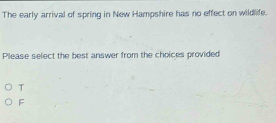 the early arrival of spring in new hampshire has no effect on wildlife. please select the best answer from the choices provided. o t o f
