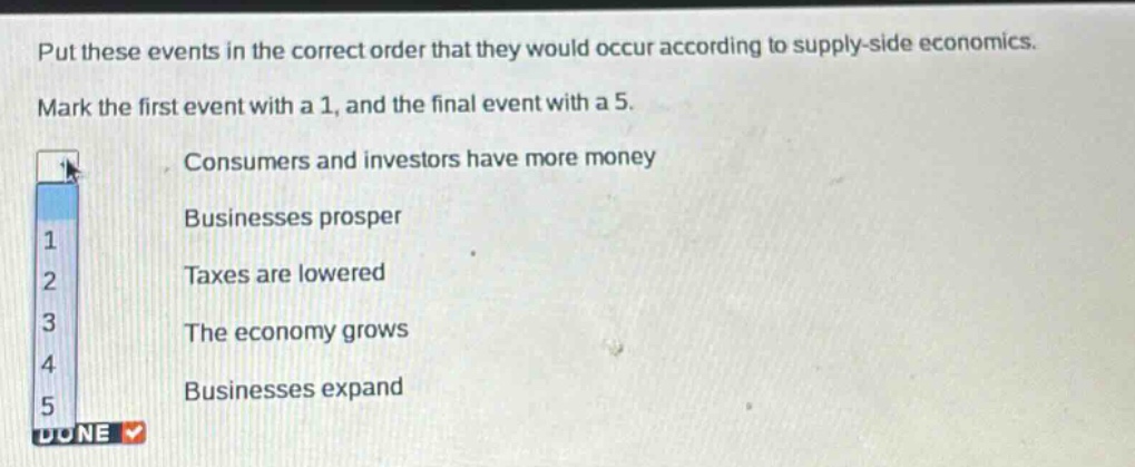 put these events in the correct order that they would occur according to supply - side economics. mark the first event with a 1, and the final event with a 5. consumers and investors have more money businesses prosper taxes are lowered the economy grows businesses expand