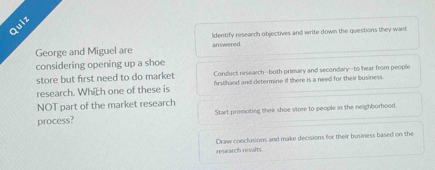 quiz\ngeorge and miguel are considering opening up a shoe store but first need to do market research. which one of these is not part of the market research process?\nidentify research objectives and write down the questions they want answered.\nconduct research--both primary and secondary--to hear from people firsthand and determine if there is a need for their business.\nstart promoting their shoe store to people in the neighborhood.\ndraw conclusions and make decisions for their business based on the research results.