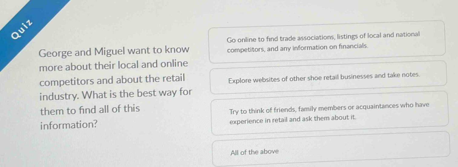 quiz\ngeorge and miguel want to know more about their local and online competitors and about the retail industry. what is the best way for them to find all of this information?\ngo online to find trade associations, listings of local and national competitors, and any information on financials.\nexplore websites of other shoe retail businesses and take notes.\ntry to think of friends, family members or acquaintances who have experience in retail and ask them about it.\nall of the above