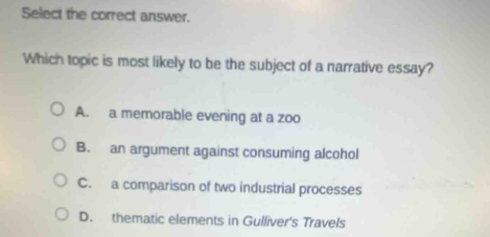 select the correct answer.\nwhich topic is most likely to be the subject of a narrative essay?\na. a memorable evening at a zoo\nb. an argument against consuming alcohol\nc. a comparison of two industrial processes\nd. thematic elements in gullivers travels