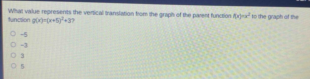 what value represents the vertical translation from the graph of the parent function (f(x)=x^{2}) to the graph of the function (g(x)=(x + 5)^{2}+3)?\n-5\n-3\n3\n5