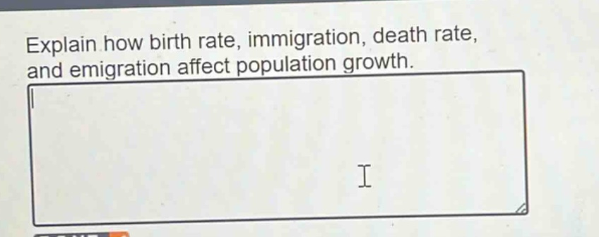 explain how birth rate, immigration, death rate, and emigration affect population growth.