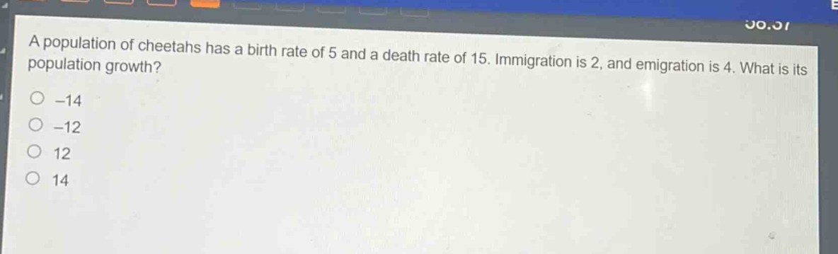 a population of cheetahs has a birth rate of 5 and a death rate of 15. immigration is 2, and emigration is 4. what is its population growth?\n-14\n-12\n12\n14