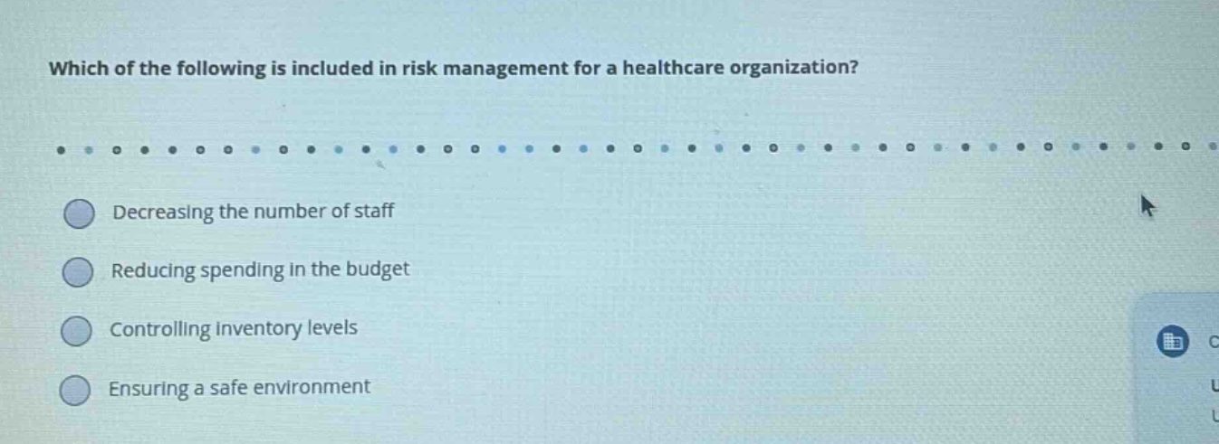 which of the following is included in risk management for a healthcare organization?\ndecreasing the number of staff\nreducing spending in the budget\ncontrolling inventory levels\nensuring a safe environment