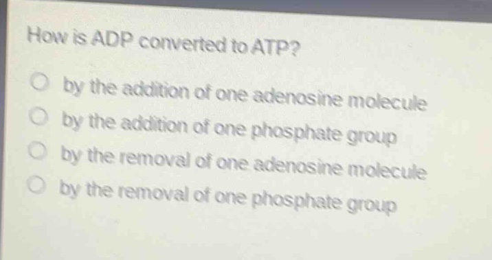 how is adp converted to atp?\nby the addition of one adenosine molecule\nby the addition of one phosphate group\nby the removal of one adenosine molecule\nby the removal of one phosphate group