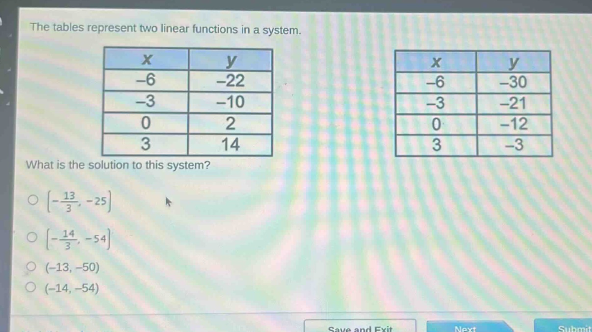 the tables represent two linear functions in a system.\n| x | y |\n| -6 | -22 |\n| -3 | -10 |\n| 0 | 2 |\n| 3 | 14 |\n| x | y |\n| -6 | -30 |\n| -3 | -21 |\n| 0 | -12 |\n| 3 | -3 |\nwhat is the solution to this system?\n\\(\\left(-\\frac{13}{3}, - 25\\right)\\)\n\\(\\left(-\\frac{14}{3}, - 54\\right)\\)\n\\((-13, -50)\\)\n\\((-14, -54)\\)