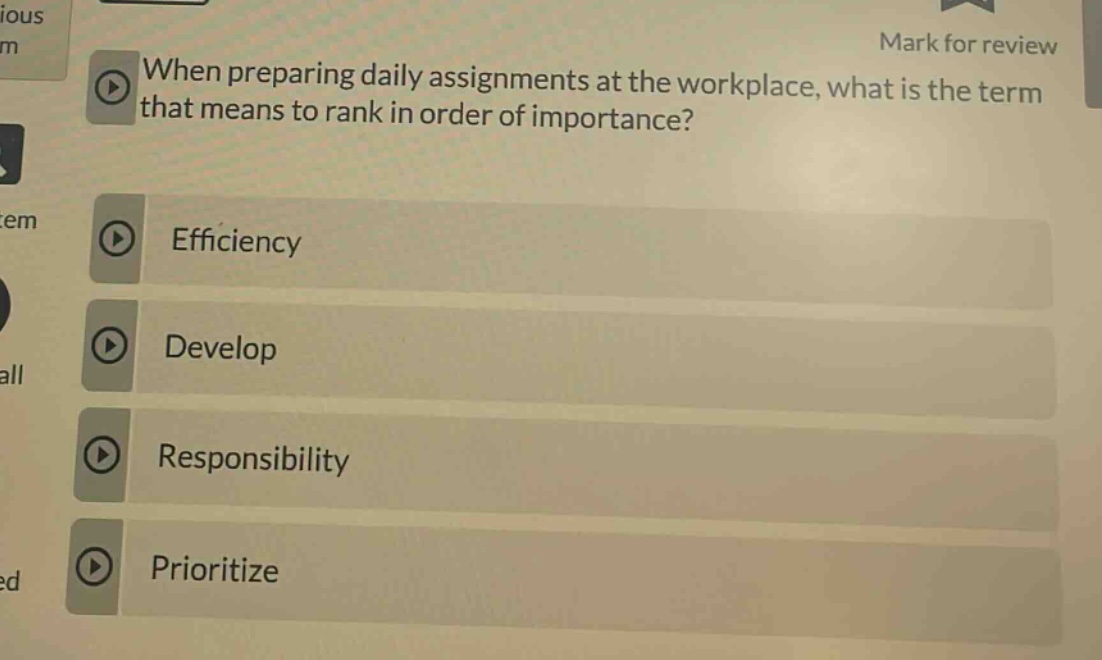 when preparing daily assignments at the workplace, what is the term that means to rank in order of importance?\nefficiency\ndevelop\nresponsibility\nprioritize