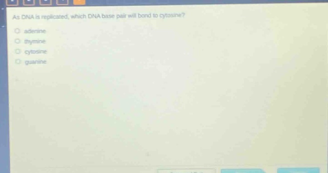 as dna is replicated, which dna base pair will bond to cytosine?\nadenine\nthymine\ncytosine\nguanine