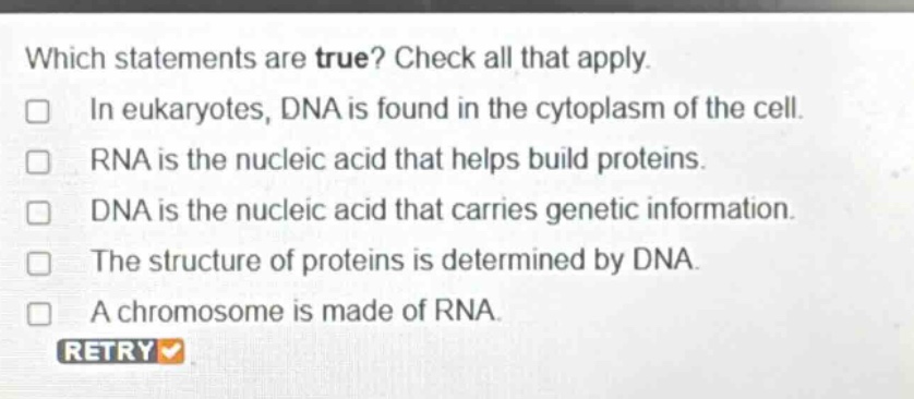 which statements are true? check all that apply. in eukaryotes, dna is found in the cytoplasm of the cell. rna is the nucleic acid that helps build proteins. dna is the nucleic acid that carries genetic information. the structure of proteins is determined by dna. a chromosome is made of rna.