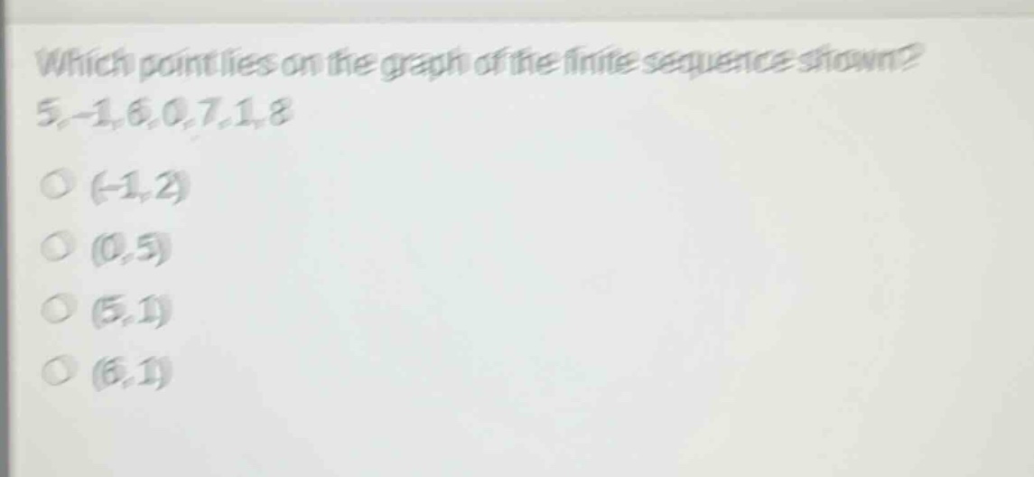 which point lies on the graph of the finite sequence shown? 5, -1, 6, 0, 7, 1, 8\n(-1, 2)\n(0, 5)\n(5, 1)\n(6, 1)
