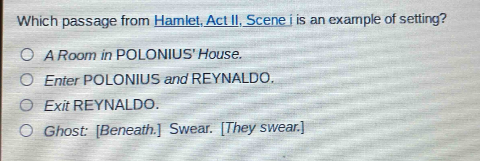 which passage from hamlet, act ii, scene i is an example of setting?\na room in polonius house.\nenter polonius and reynaldo.\nexit reynaldo.\nghost: beneath. swear. they swear.