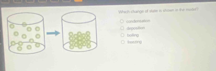 which change of state is shown in the model?\ncondensation\ndeposition\nboiling\nfreezing