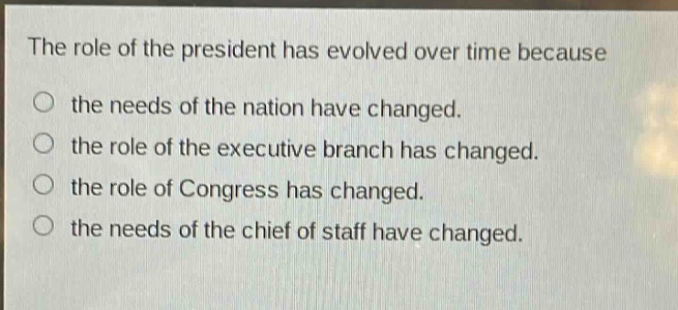 the role of the president has evolved over time because\no the needs of the nation have changed.\no the role of the executive branch has changed.\no the role of congress has changed.\no the needs of the chief of staff have changed.
