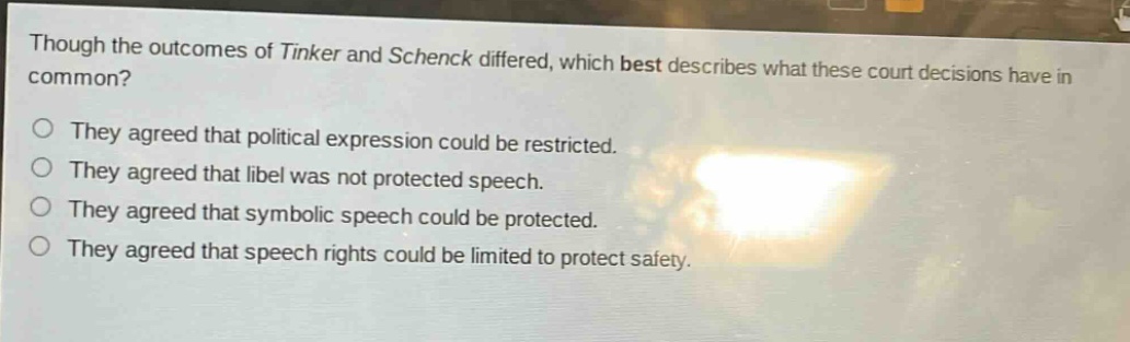 though the outcomes of tinker and schenck differed, which best describes what these court decisions have in common?\nthey agreed that political expression could be restricted.\nthey agreed that libel was not protected speech.\nthey agreed that symbolic speech could be protected.\nthey agreed that speech rights could be limited to protect safety.