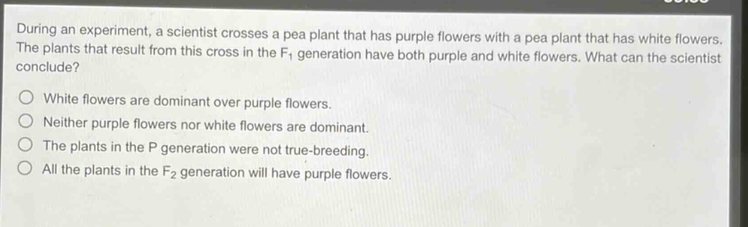 during an experiment, a scientist crosses a pea plant that has purple flowers with a pea plant that has white flowers. the plants that result from this cross in the f₁ generation have both purple and white flowers. what can the scientist conclude?\nwhite flowers are dominant over purple flowers.\nneither purple flowers nor white flowers are dominant.\nthe plants in the p generation were not true - breeding.\nall the plants in the f₂ generation will have purple flowers.
