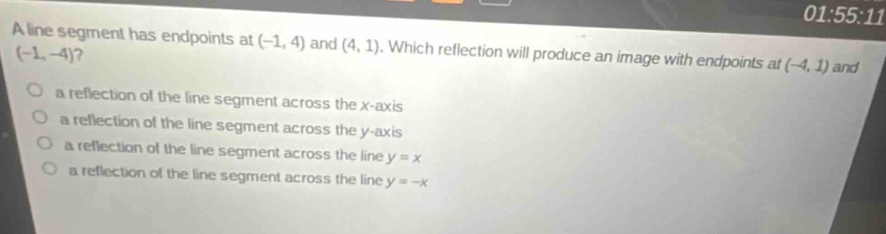 a line segment has endpoints at (-1, 4) and (4, 1). which reflection will produce an image with endpoints at (-4, 1) and (-1, -4)?\n a reflection of the line segment across the x - axis\n a reflection of the line segment across the y - axis\n a reflection of the line segment across the line y = x\n a reflection of the line segment across the line y = -x