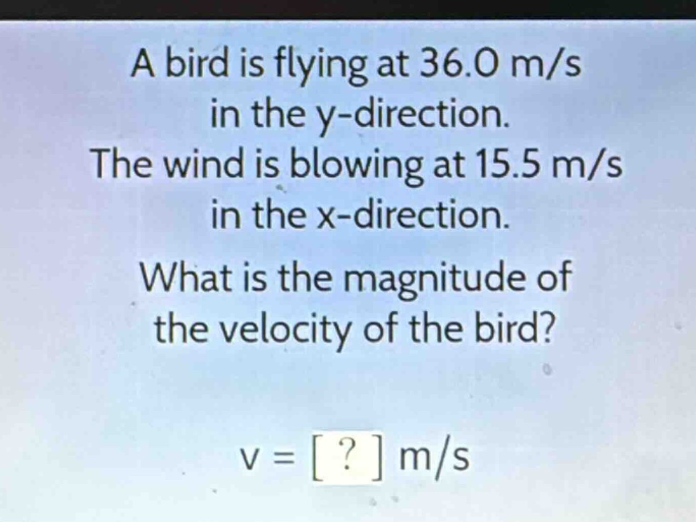 a bird is flying at 36.0 m/s in the y - direction. the wind is blowing at 15.5 m/s in the x - direction. what is the magnitude of the velocity of the bird? v = ? m/s
