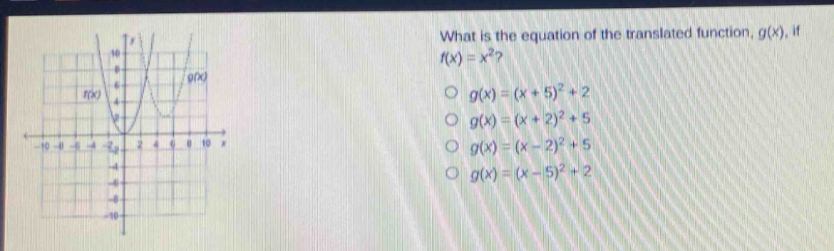what is the equation of the translated function, g(x), if f(x)=x²?\n○ g(x)=(x + 5)²+2\n○ g(x)=(x + 2)²+5\n○ g(x)=(x - 2)²+5\n○ g(x)=(x - 5)²+2