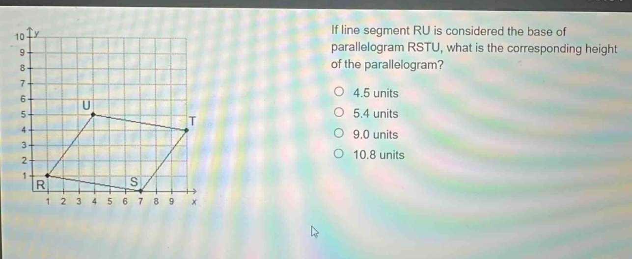 if line segment ru is considered the base of parallelogram rstu, what is the corresponding height of the parallelogram?\n4.5 units\n5.4 units\n9.0 units\n10.8 units