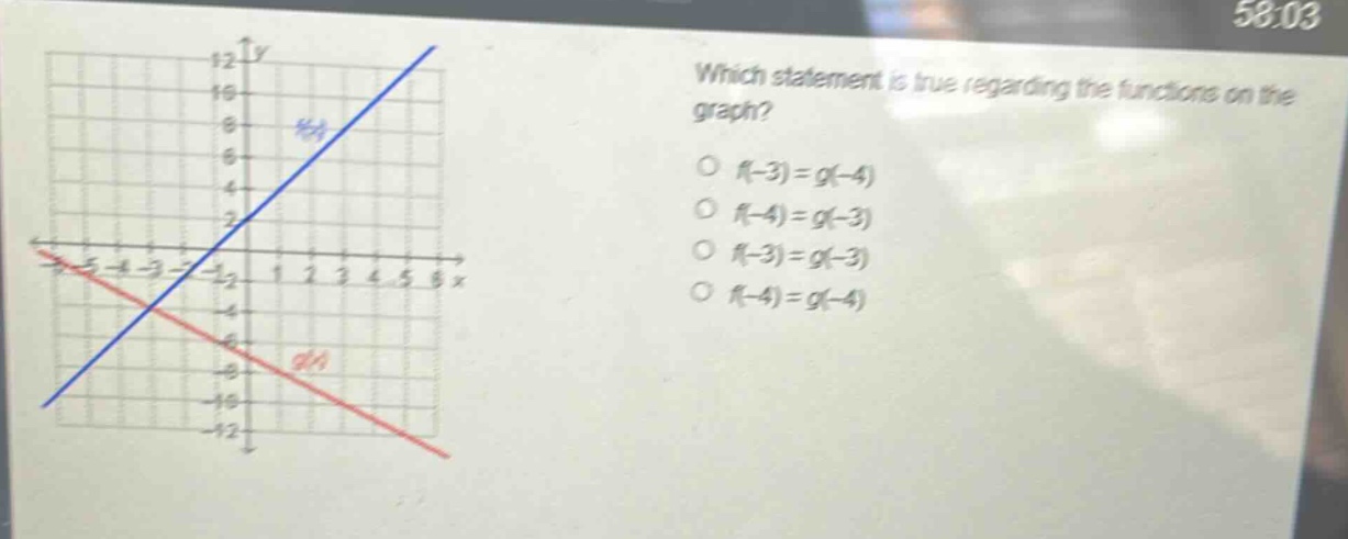 which statement is true regarding the functions on the graph?\no (f(-3)=g(-4))\no (f(-4)=g(-3))\no (f(-3)=g(-3))\no (f(-4)=g(-4))