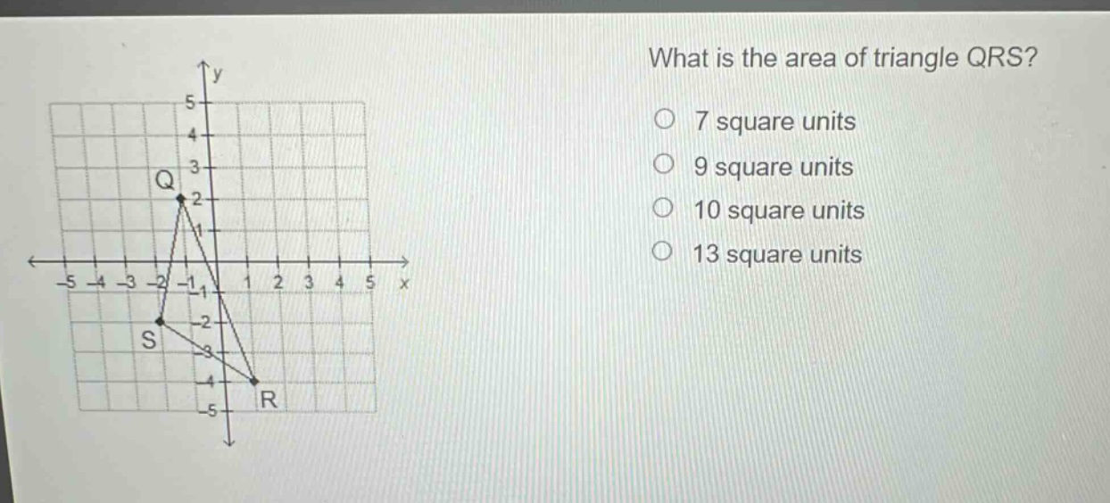 what is the area of triangle qrs?\n7 square units\n9 square units\n10 square units\n13 square units