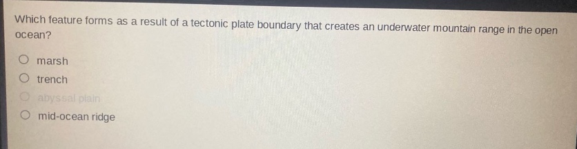 which feature forms as a result of a tectonic plate boundary that creates an underwater mountain range in the open ocean?\nmarsh\ntrench\nabyssal plain\nmid - ocean ridge