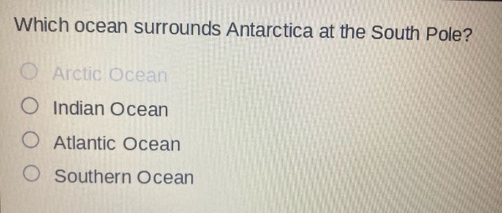 which ocean surrounds antarctica at the south pole?\narctic ocean\nindian ocean\natlantic ocean\nsouthern ocean