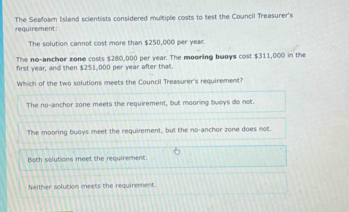 the seafoam island scientists considered multiple costs to test the council treasurers requirement:\nthe solution cannot cost more than $250,000 per year.\nthe no - anchor zone costs $280,000 per year. the mooring buoys cost $311,000 in the first year, and then $251,000 per year after that.\nwhich of the two solutions meets the council treasurers requirement?\nthe no - anchor zone meets the requirement, but mooring buoys do not.\nthe mooring buoys meet the requirement, but the no - anchor zone does not.\nboth solutions meet the requirement.\nneither solution meets the requirement.