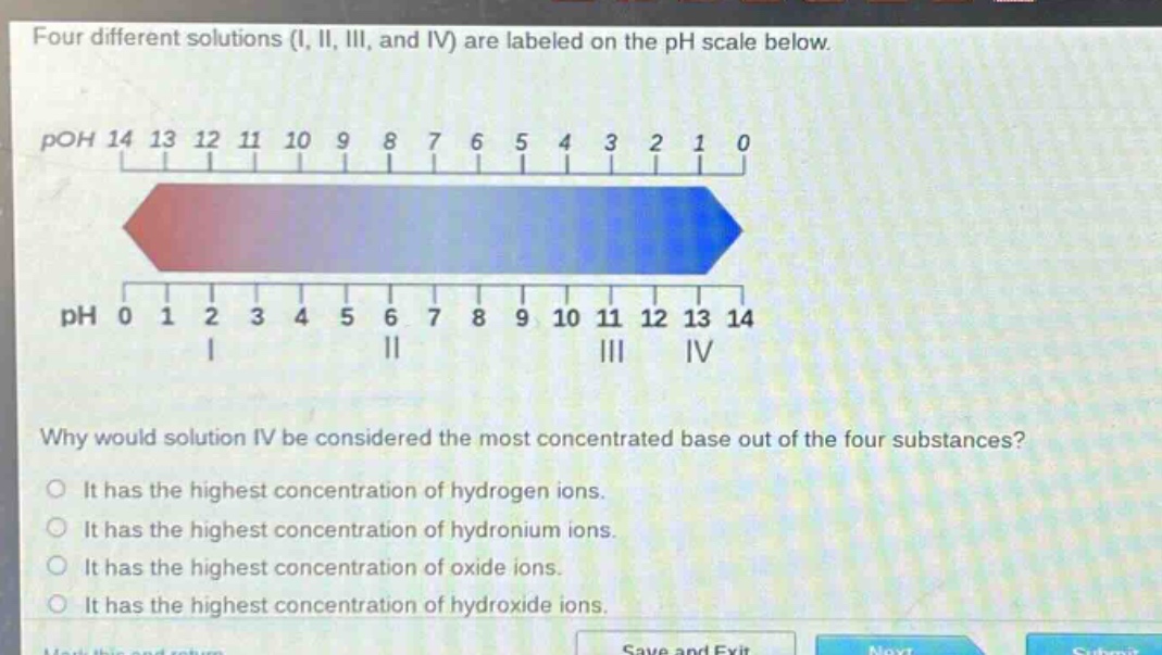four different solutions (i, ii, iii, and iv) are labeled on the ph scale below.\npoh 14 13 12 11 10 9 8 7 6 5 4 3 2 1 0\nph 0 1 2 3 4 5 6 7 8 9 10 11 12 13 14\ni ii iii iv\nwhy would solution iv be considered the most concentrated base out of the four substances?\nit has the highest concentration of hydrogen ions.\nit has the highest concentration of hydronium ions.\nit has the highest concentration of oxide ions.\nit has the highest concentration of hydroxide ions.