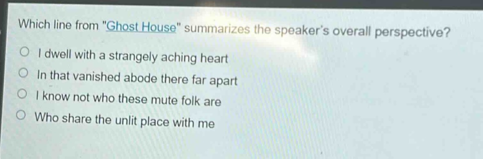 which line from \ghost house\ summarizes the speakers overall perspective?\ni dwell with a strangely aching heart\nin that vanished abode there far apart\ni know not who these mute folk are\nwho share the unlit place with me