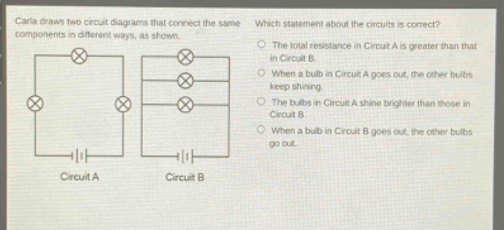 carla draws two circuit diagrams that connect the same components in different ways, as shown. which statement about the circuits is correct? the total resistance in circuit a is greater than that in circuit b. when a bulb in circuit a goes out, the other bulbs keep shining. the bulbs in circuit a shine brighter than those in circuit b. when a bulb in circuit b goes out, the other bulbs go out.