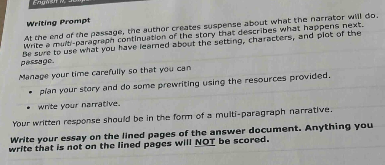 writing prompt\nat the end of the passage, the author creates suspense about what the narrator will do.\nwrite a multi - paragraph continuation of the story that describes what happens next.\nbe sure to use what you have learned about the setting, characters, and plot of the\npassage.\nmanage your time carefully so that you can\n - plan your story and do some prewriting using the resources provided.\n - write your narrative.\nyour written response should be in the form of a multi - paragraph narrative.\nwrite your essay on the lined pages of the answer document. anything you\nwrite that is not on the lined pages will not be scored.