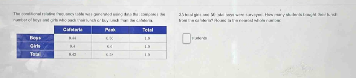 the conditional relative frequency table was generated using data that compares the number of boys and girls who pack their lunch or buy lunch from the cafeteria. 35 total girls and 50 total boys were surveyed. how many students bought their lunch from the cafeteria? round to the nearest whole number.\n| |cafeteria|pack|total|\n|----|----|----|----|\n|boys|0.44|0.56|1.0|\n|girls|0.4|0.6|1.0|\n|total|0.42|0.58|1.0|\nstudents