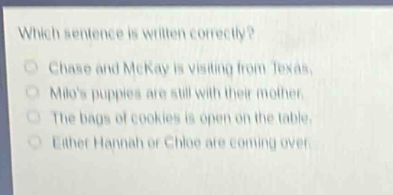 which sentence is written correctly?\nchase and mckay is visiting from texas.\nmilos puppies are still with their mother.\nthe bags of cookies is open on the table.\neither hannah or chloe are coming over.