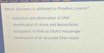 which discovery is attributed to phoebus levene?\no extraction and observation of dna\no identification of ribose and deoxyribose\no recognition of rna as dnas messenger\no construction of an accurate dna model