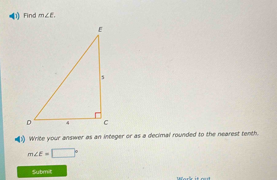 find m∠e. write your answer as an integer or as a decimal rounded to the nearest tenth. m∠e =