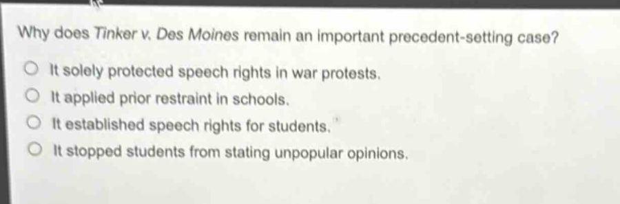 why does tinker v. des moines remain an important precedent - setting case?\nit solely protected speech rights in war protests.\nit applied prior restraint in schools.\nit established speech rights for students.\nit stopped students from stating unpopular opinions.
