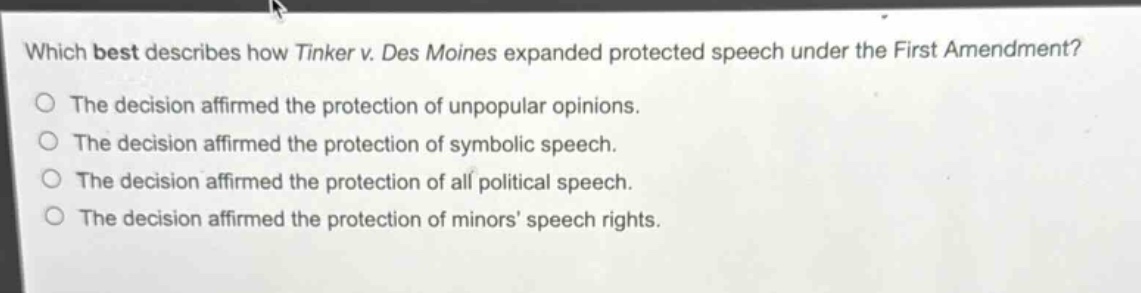 which best describes how tinker v. des moines expanded protected speech under the first amendment?\nthe decision affirmed the protection of unpopular opinions.\nthe decision affirmed the protection of symbolic speech.\nthe decision affirmed the protection of all political speech.\nthe decision affirmed the protection of minors speech rights.