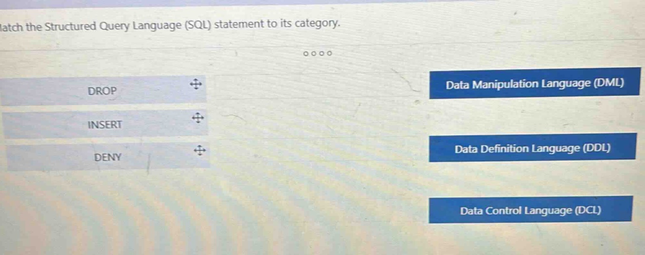 match the structured query language (sql) statement to its category.\ndrop\ninsert\ndeny\ndata manipulation language (dml)\ndata definition language (ddl)\ndata control language (dcl)